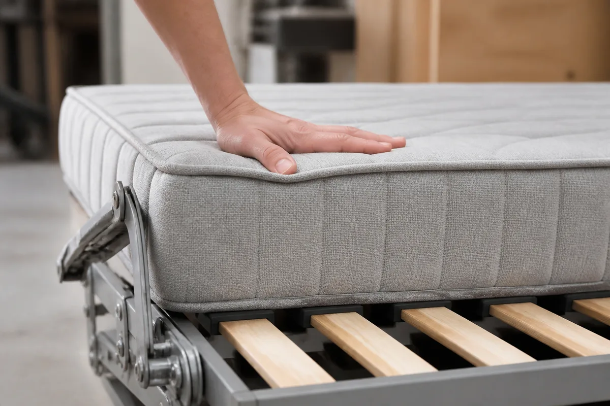 Détail d’un matelas de canapé convertible en mousse haute résilience posé sur un sommier à lattes en hêtre