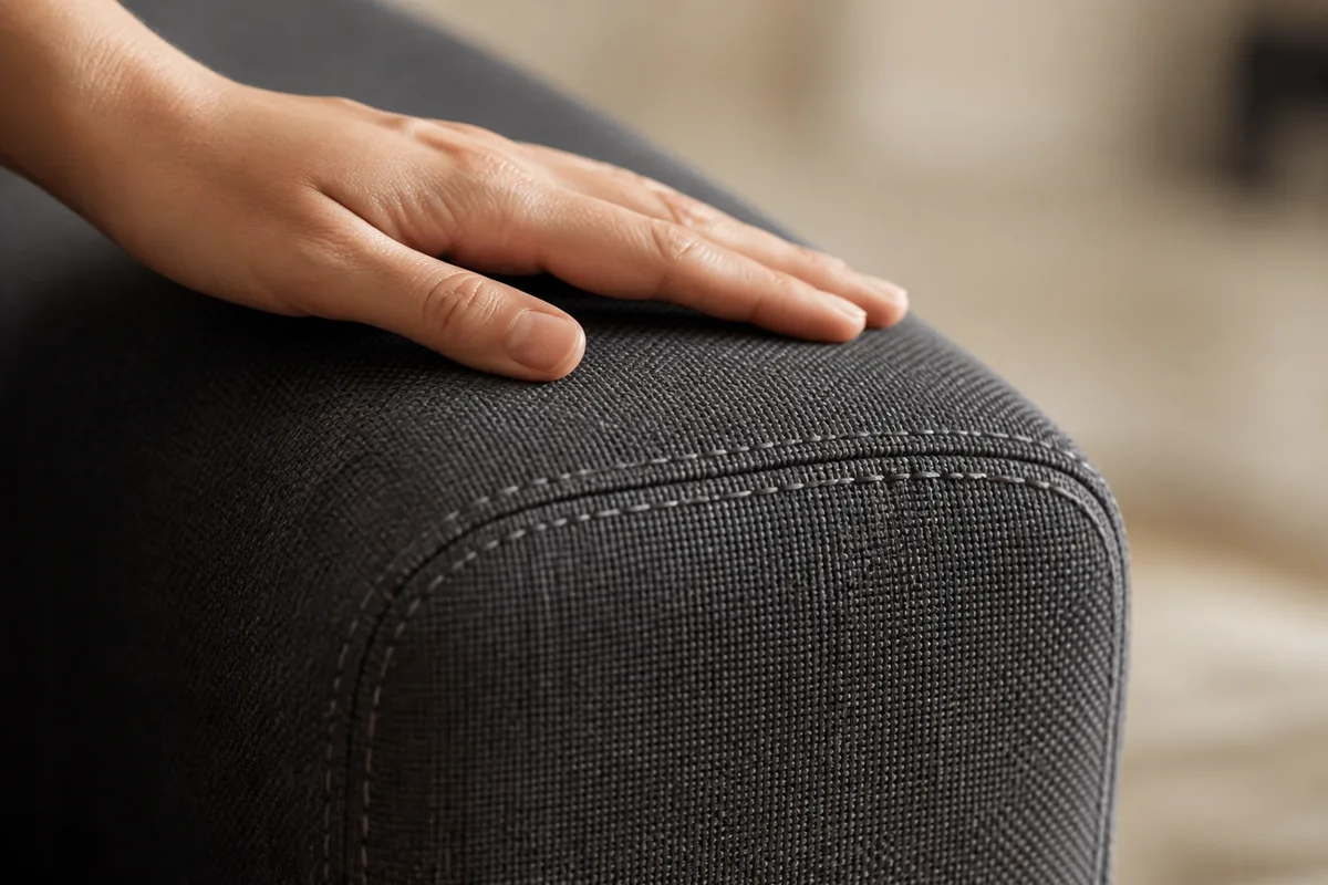 Gros plan sur un accoudoir de canapé en tissu tissé gris, coutures apparentes et main posée sur la matière
