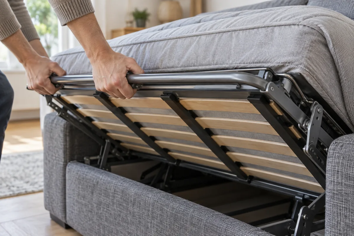Mains ouvrant le mécanisme d&rsquo;un canapé convertible, sommier à lattes en hêtre visible sous le matelas