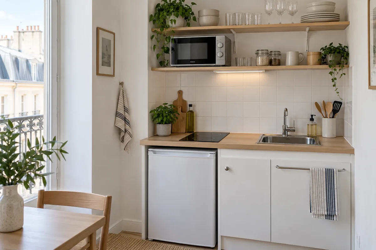 Coin cuisine équipé d&rsquo;un studio avec plaques de cuisson, four à micro-ondes et étagères garnies de vaisselle