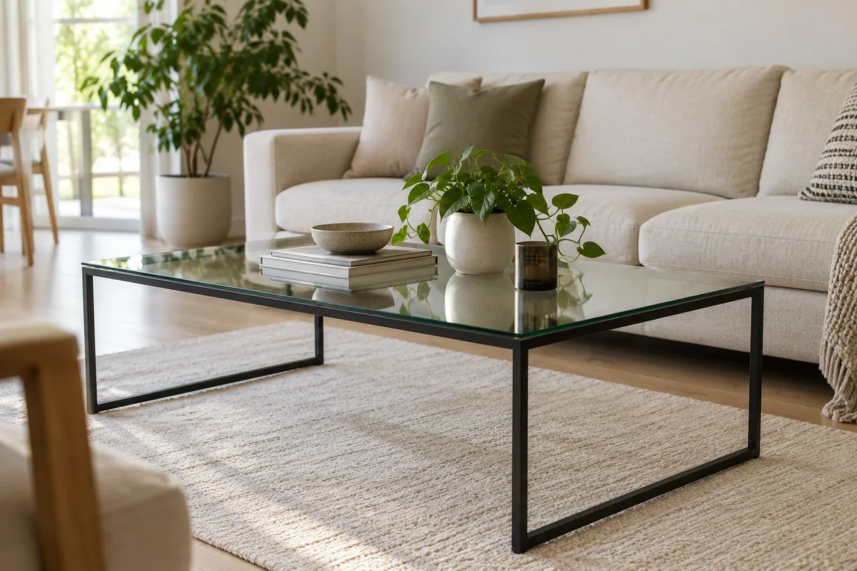 Table basse à plateau de verre transparent dans un séjour clair, canapé en tissu écru et parquet chêne en lumière naturelle