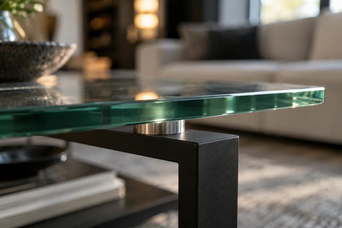 Détail du chant poli brillant d&rsquo;un plateau de verre épais reposant sur un piétement en acier noir mat