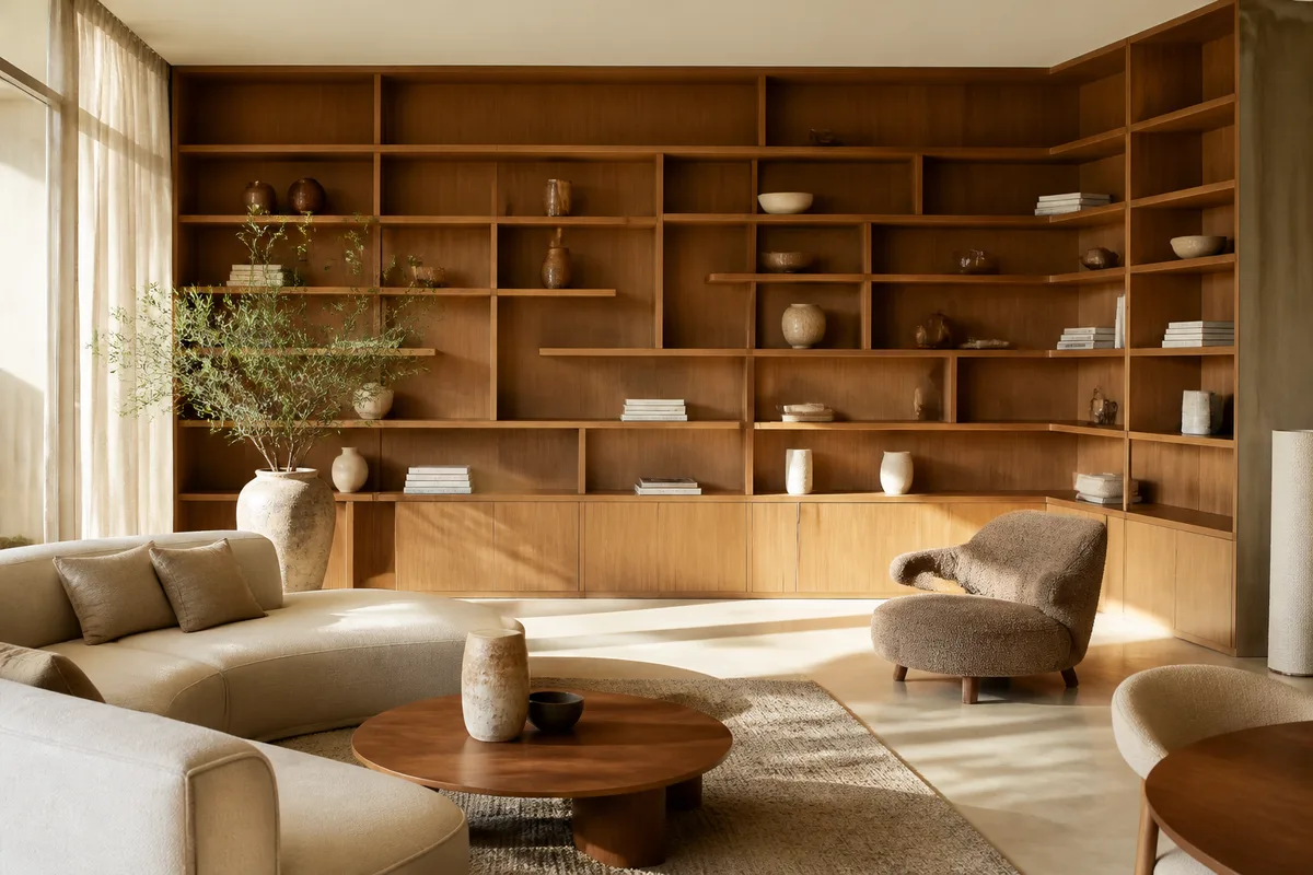 Bibliothèque en bois clair épousant un mur avec retour d&rsquo;angle et tablettes de hauteurs différentes