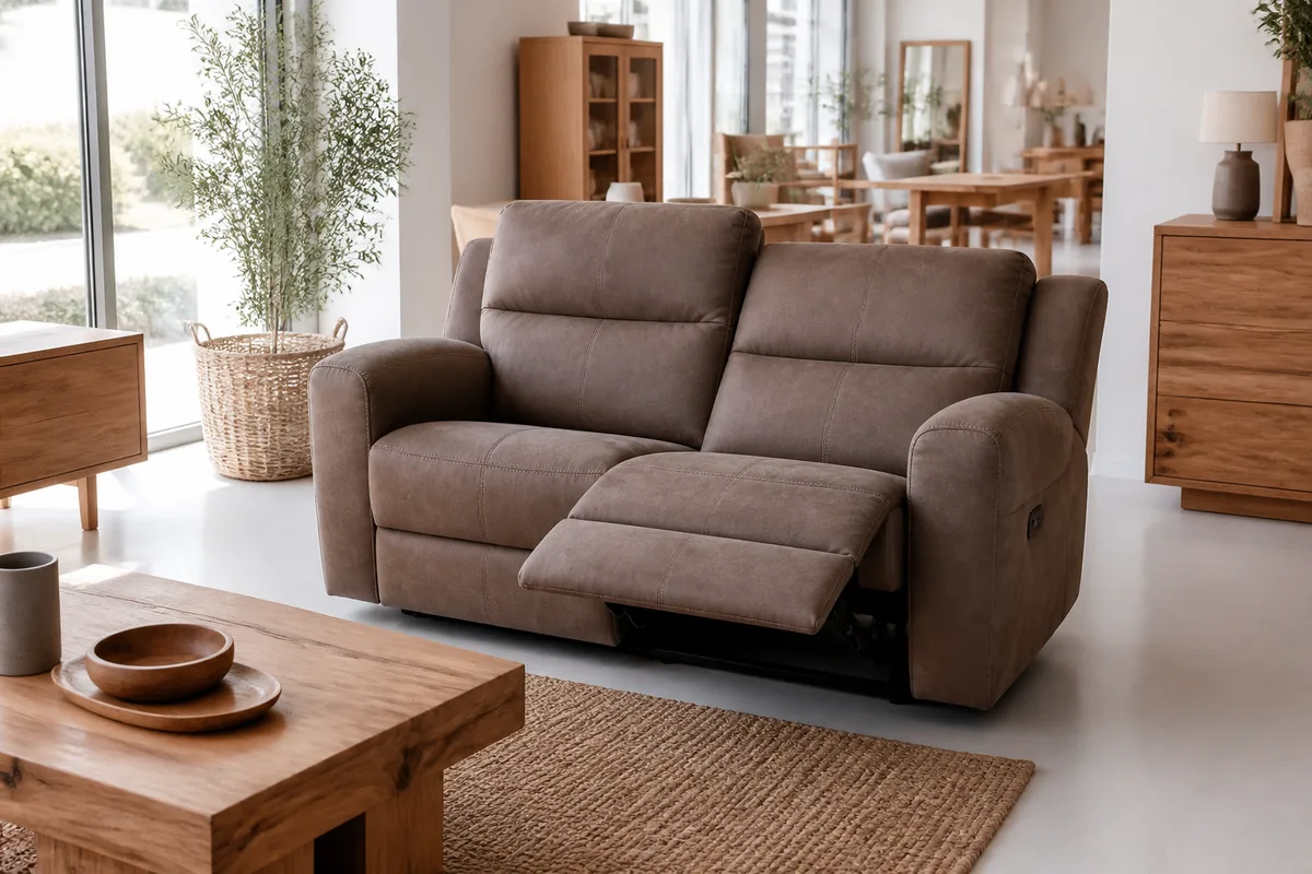 Personne actionnant la télécommande filaire d&rsquo;un canapé relax électrique dans un séjour clair