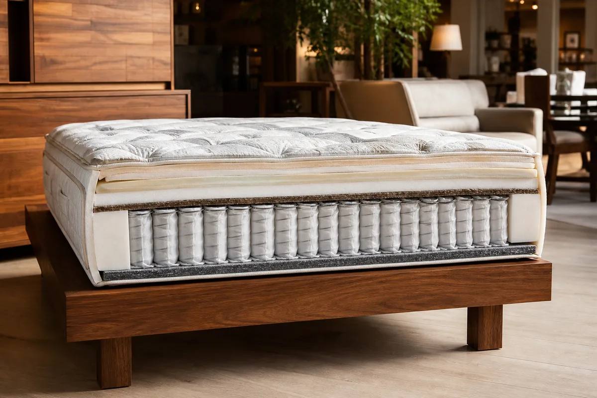 Coupe d&rsquo;un matelas hybride montrant les ressorts ensachés et les couches de confort
