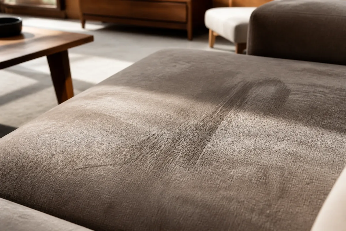 Détail du velouté d&rsquo;un tissu microfibre avec traces de brossage dans deux sens
