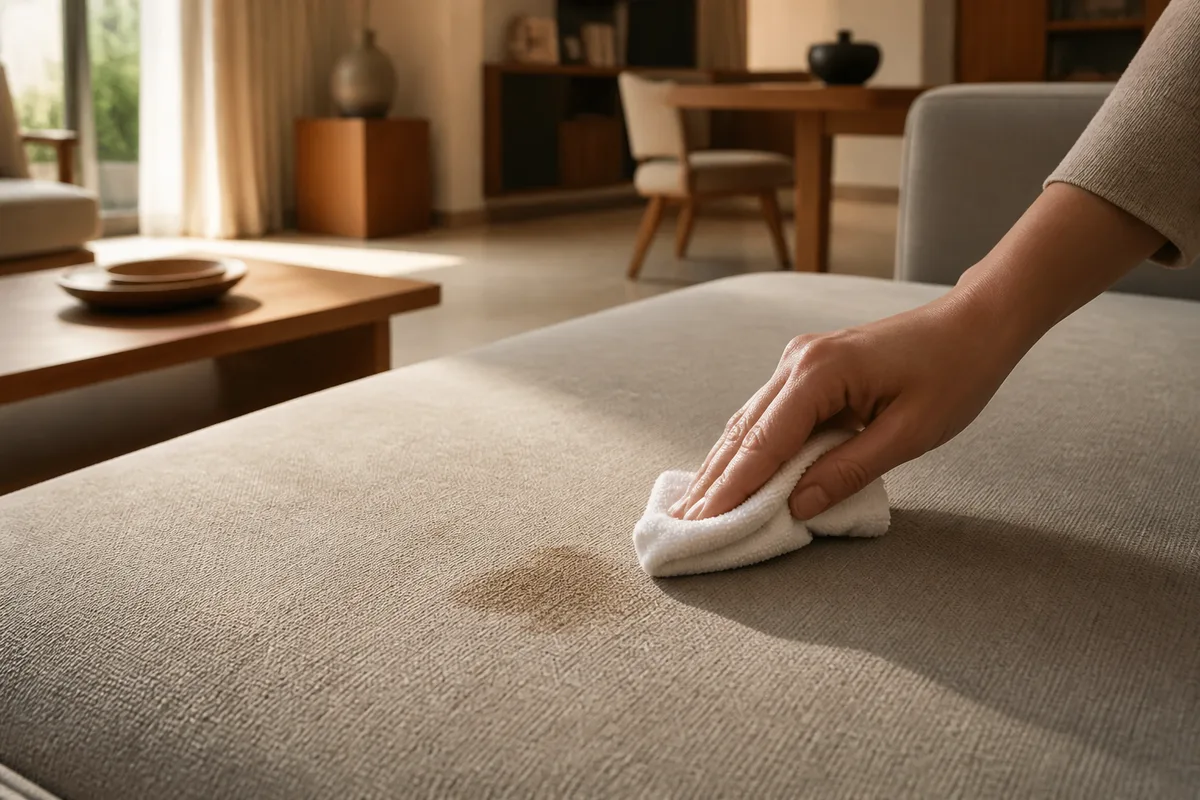 Tamponnage d&rsquo;une tache sur une assise en microfibre avec un chiffon blanc