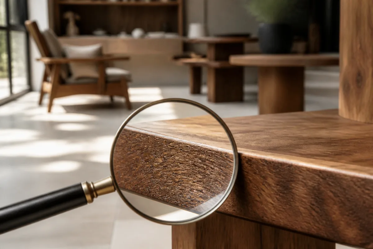 Loupe posée sur le chant d’un plateau en bois montrant la structure des pores