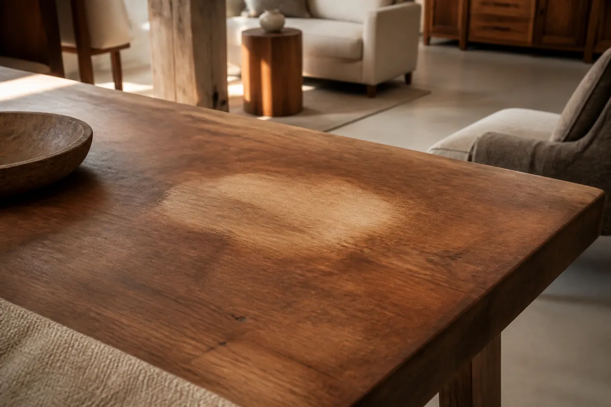 Plateau en bois avec une zone claire laissée par un objet retiré après plusieurs années