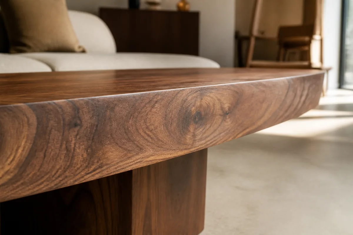 Chant d’un plateau de table basse en bois massif montrant la continuité du veinage
