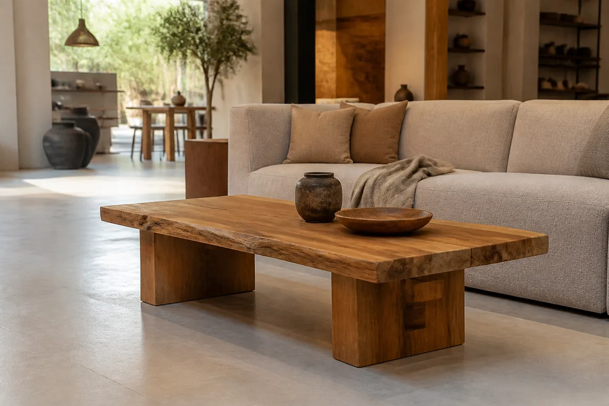 Table basse en bois massif posée devant un canapé, avec un dégagement de circulation visible